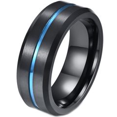 COI Titanium Black Blue Center Groove Beveled Edges Ring-4114