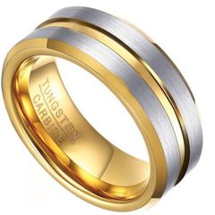 COI Tungsten Carbide Gold Tone Silver Center Groove Ring-TG4475