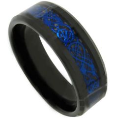 *COI Titanium Black Blue Dragon Beveled Edges Ring-3707