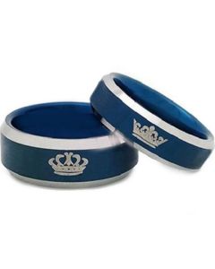 *COI Tungsten Carbide Blue Silver King Queen Crown Ring-TG002AA
