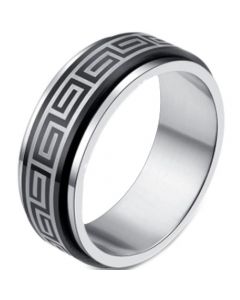 COI Tungsten Carbide Black Silver Greek Key Beveled Edges Ring-2246