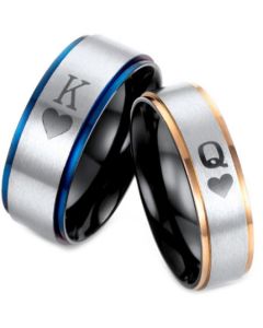 *COI Titanium Black Blue/Rose King Queen Heart Ring-2875