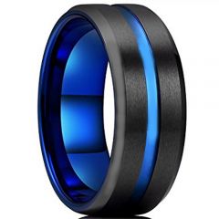 COI Titanium Black Blue Center Groove Beveled Edges Ring-4211