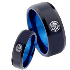 COI Titanium Black Blue Firefighter Beveled Edges Ring-4739