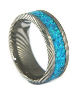 COI Tungsten Carbide Damascus Crushed Opal Beveled Edges Ring-5318