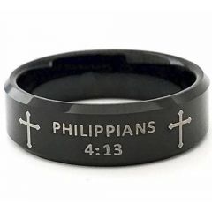 COI Black Tungsten Carbide Cross Beveled Edges Ring With Custom Scripture-5418