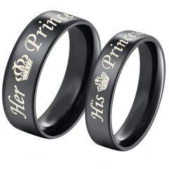 COI Black Tungsten Carbide Her Prince His Princess Crown Dome Court Ring-5437