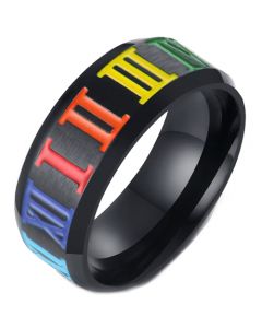 COI Black Titanium Rainbow Pride Ring With Roman Numerals-5567