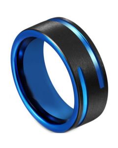 COI Tungsten Carbide Black Blue Double Grooves Pipe Cut Flat Ring-5615