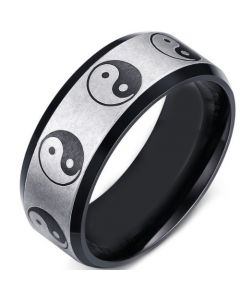 COI Tungsten Carbide Black Silver Yin Yang Beveled Edges Ring-5650