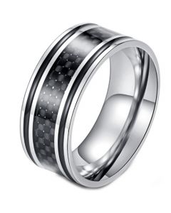 *COI Titanium Black Silver Ring With Carbon Fiber/Wood-5898