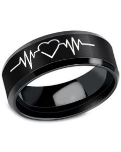 *COI Black Tungsten Carbide Heartbeat & Heart Beveled Edges Ring-6892
