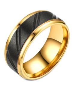 **COI Titanium Black Gold Tone Diagonal Grooves Step Edges Ring-7023BB
