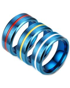 **COI Blue Titanium Red/White/Yellow Center Groove Beveled Edges Ring-7081BB