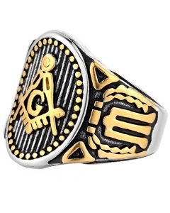 **COI Titanium Gold Tone Black Masonic Freemason Signet Ring-7084CC