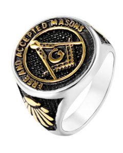 **COI Titanium Gold Tone Black Silver Masonic Freemason Ring-7091CC