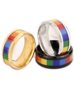 **COI Gold Tone/Black/Silver Titanium Rainbow Pride Beveled Edges Ring-7164AA