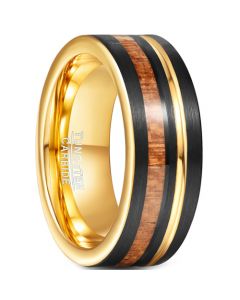 **COI Tungsten Carbide Black Gold Tone Wood Pipe Cut Flat Ring-7285BB