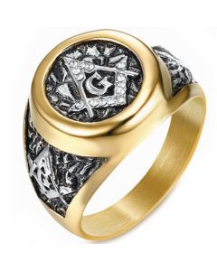 **COI Titanium Black Gold Tone Masonic Freemason Ring-7358BB