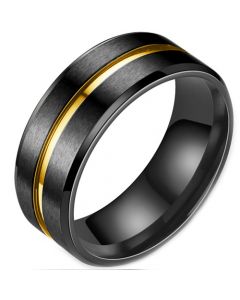 **COI Titanium Black Gold Tone Center Groove Beveled Edges Ring-7371AA