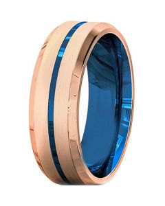 **COI Titanium Rose Blue Center Grooves Beveled Edges Ring-7576AA