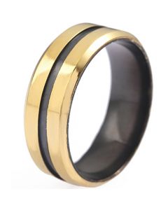 **COI Titanium Black Gold Tone Center Groove Beveled Edges Ring-8130AA