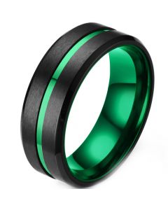COI Titanium Black Green Center Groove Beveled Edges Ring-1521