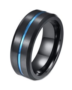 COI Titanium Black Blue Center Groove Beveled Edges Ring-4114