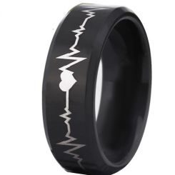 **COI Black Tungsten Carbide Heartbeat & Heart Beveled Edges Ring-TG1412