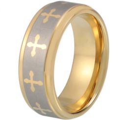COI Gold Tone Tungsten Carbide Cross Step Edges Ring-TG1870