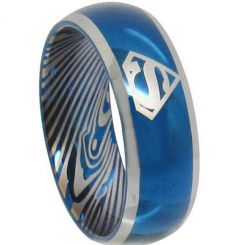 *COI Tungsten Carbide Blue Silver Damascus Super Man Ring-TG3839