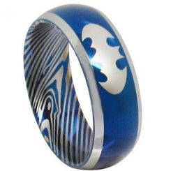 *COI Tungsten Carbide Blue Silver Bat Man Damascus Beveled Edges Ring-TG3853