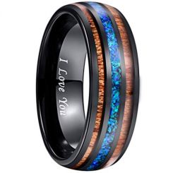 COI Black Tungsten Carbide Blue Crushed Opal & Wood Ring-TG2897