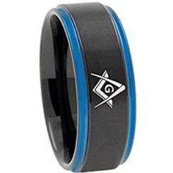 *COI Tungsten Carbide Black Blue Masonic Step Edges Ring-TG3092