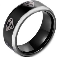 *COI Titanium Black Silver Super Man Beveled Edges Ring-JT3161