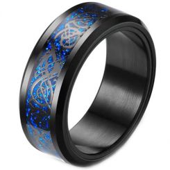*COI Titanium Black Blue Dragon Beveled Edges Ring-3354