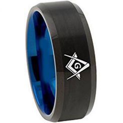 *COI Tungsten Carbide Black Blue Masonic Beveled Edges Ring-TG3618