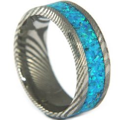 COI Tungsten Carbide Damascus Crushed Opal Beveled Edges Ring-5318