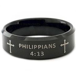 COI Black Tungsten Carbide Cross Beveled Edges Ring With Custom Scripture-5418