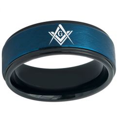 *COI Tungsten Carbide Black Blue Masonic Step Edges Ring-5460