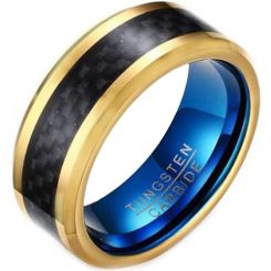 *COI Tungsten Carbide Blue Gold Tone Beveled Edges Ring With Carbon Fiber-5465