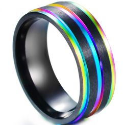 *COI Black Titanium Rainbow Pride Step Edges Ring-5572