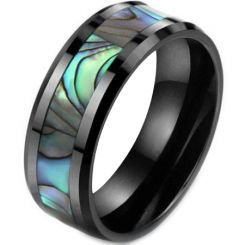 COI Black Tungsten Carbide Abalone Shell Beveled Edges Ring-TG5786