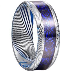 COI Tungsten Carbide Blue Silver Dragon Damascus Beveled Edges Ring-5827