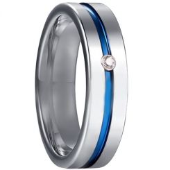 *COI Tungsten Carbide Blue Silver Center Groove Ring With Cubic Zirconia-5929