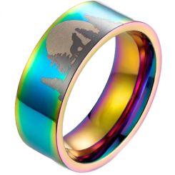 *COI Titanium Blue/Silver/Rainbow Pride Wolf Pine Tree Pipe Cut Flat Ring-5988