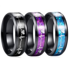 *COI Black Titanium Heartbeat Beveled Edges Ring With Black/Purple/Blue Carbon Fiber-6882AA
