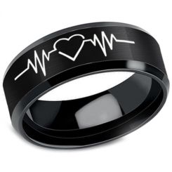 *COI Black Tungsten Carbide Heartbeat & Heart Beveled Edges Ring-6892