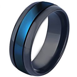 *COI Titanium Black Blue Double Grooves Dome Court Ring-6907BB