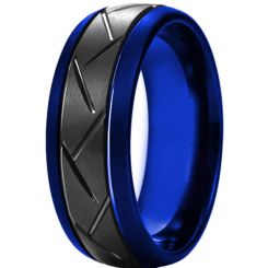 *COI Titanium Black Blue Double Grooves Dome Court Ring-6908FF